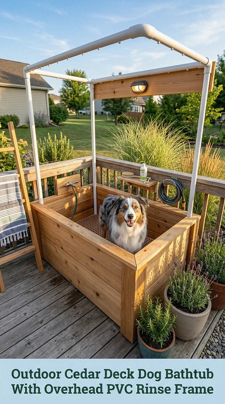 Outdoor Cedar Deck Dog Bathtub With Overhead PVC Rinse Frame