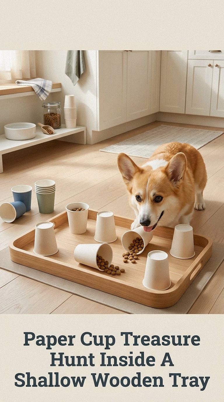 Paper Cup Treasure Hunt Inside A Shallow Wooden Tray