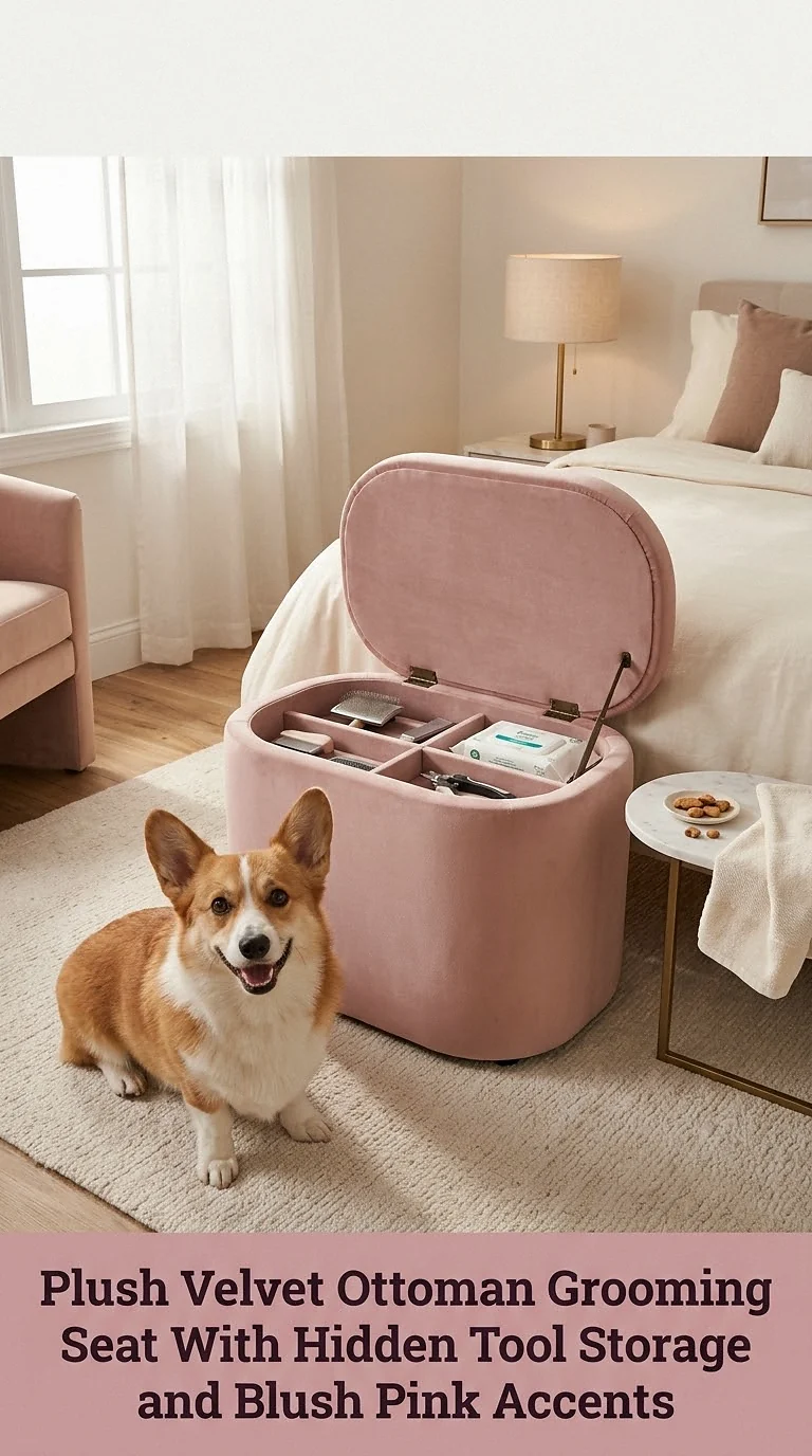 Plush Velvet Ottoman Grooming Seat With Hidden Tool Storage and Blush Pink Accents