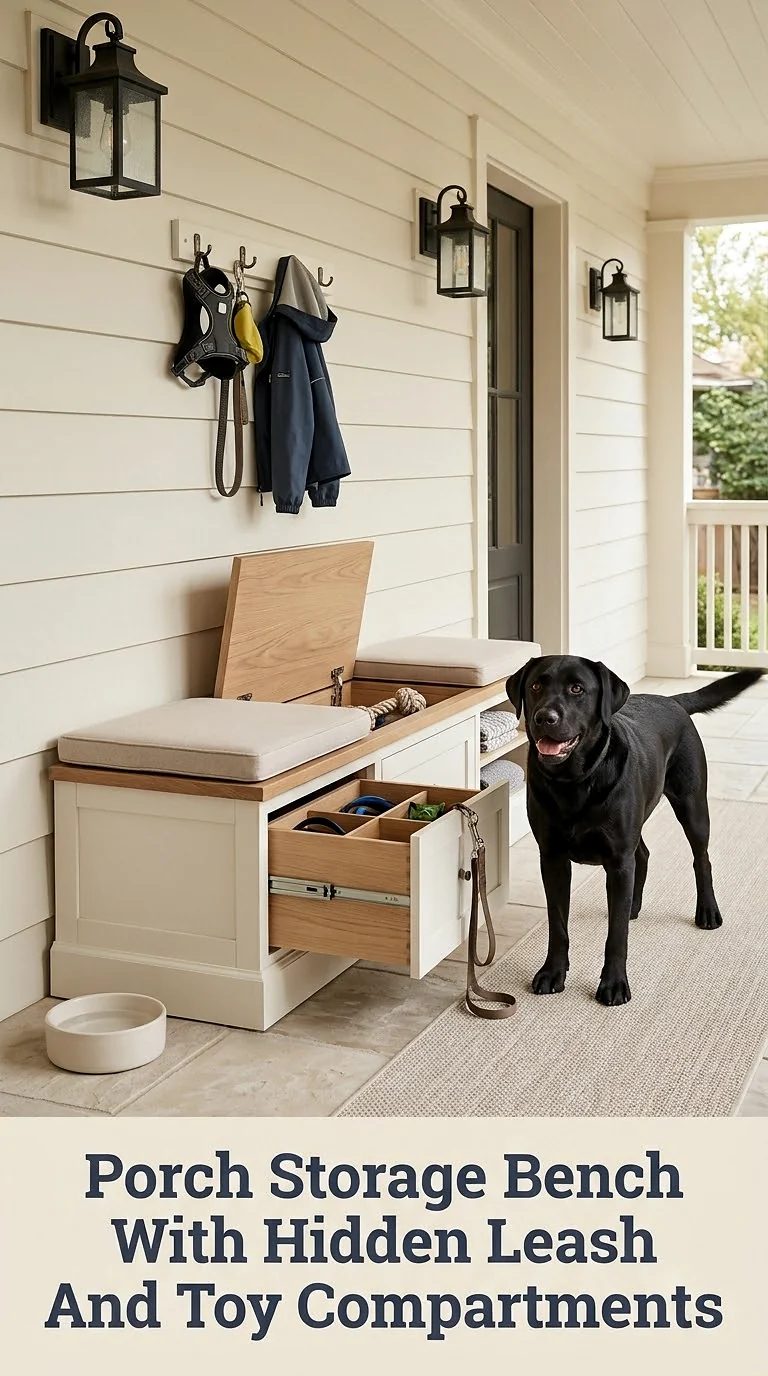 Porch Storage Bench With Hidden Leash And Toy Compartments