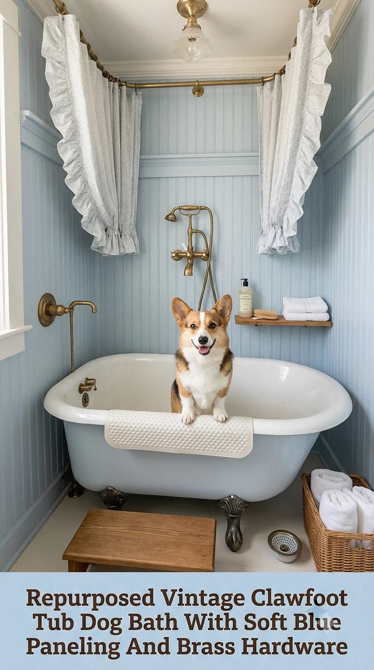 Repurposed Vintage Clawfoot Tub Dog Bath With Soft Blue Paneling And Brass Hardware