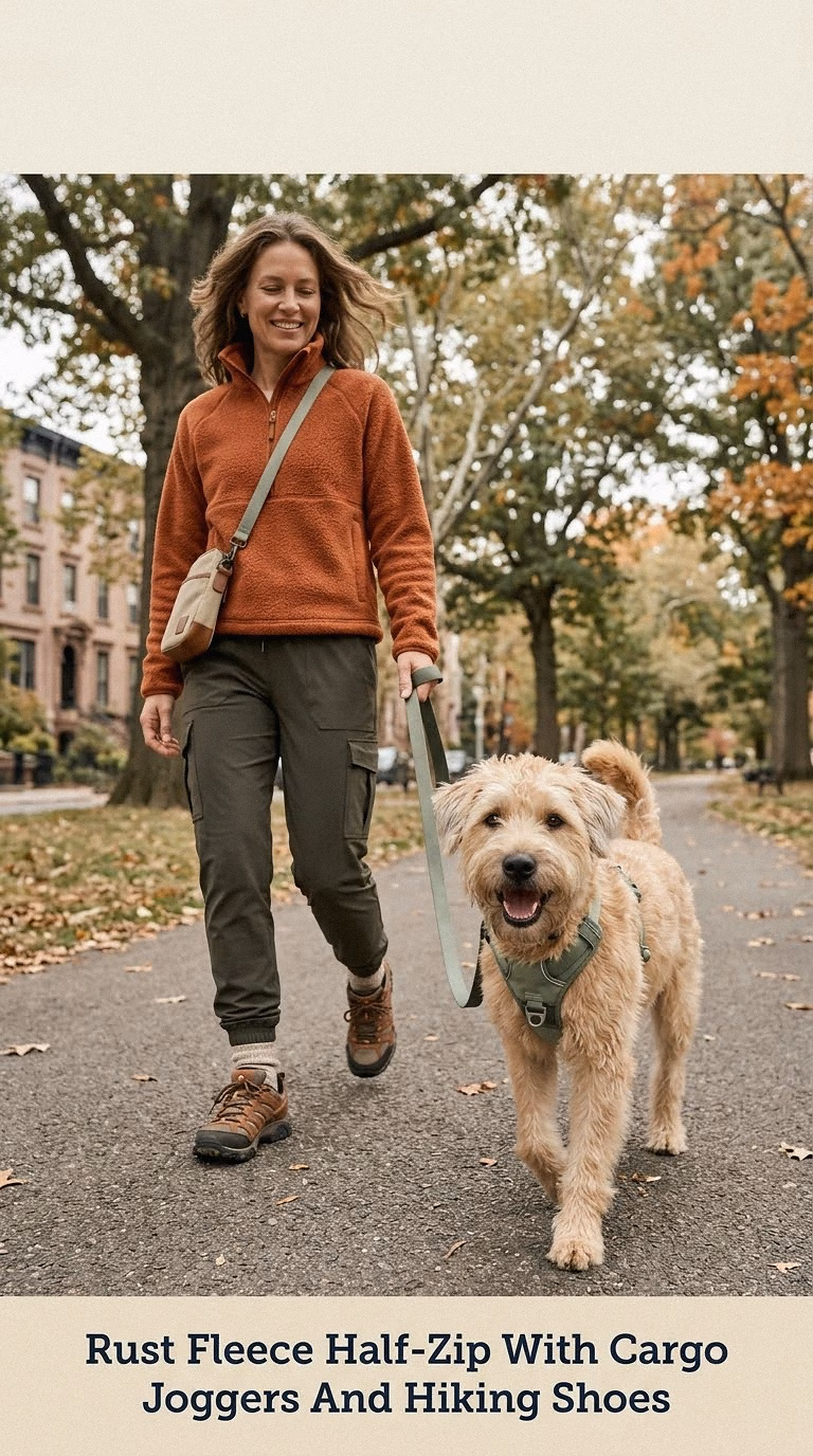Rust Fleece Half-Zip With Cargo Joggers And Hiking Shoes