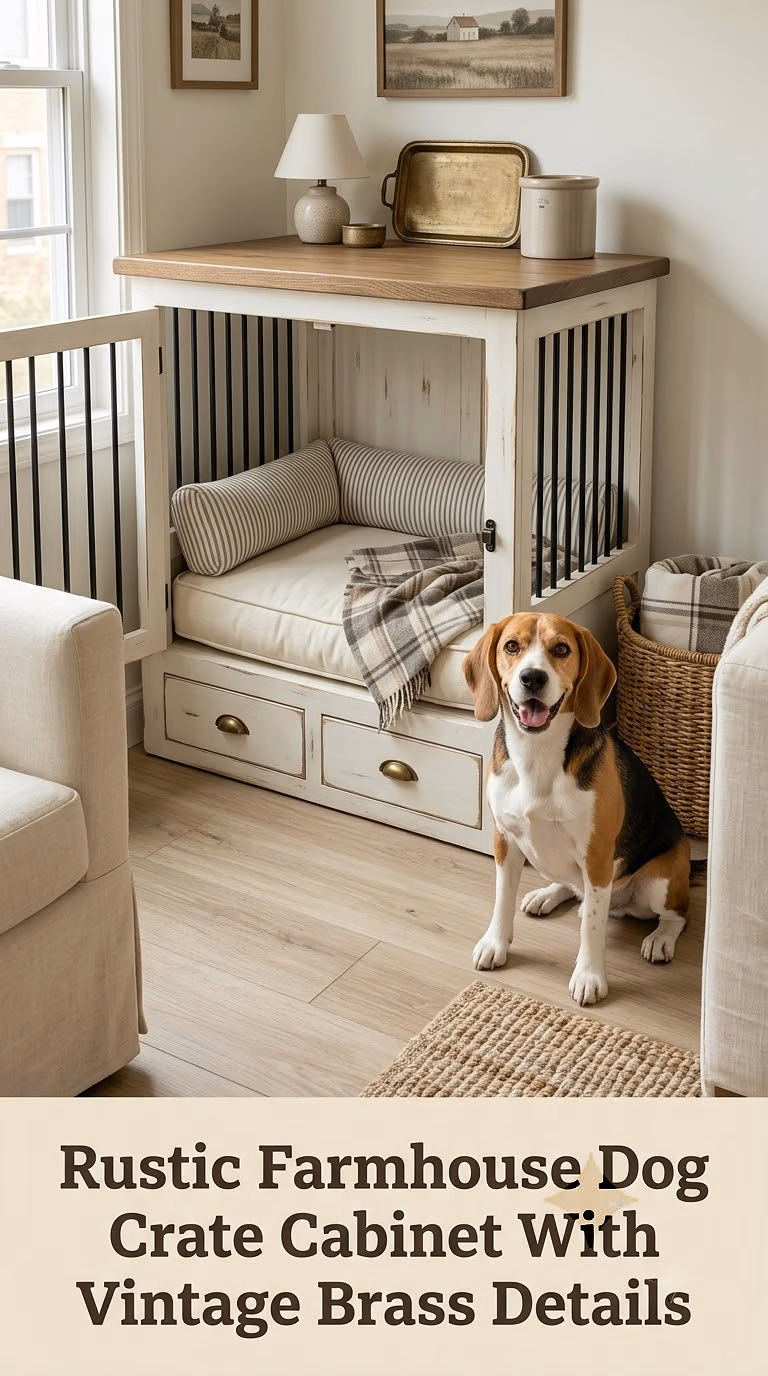 Rustic Farmhouse Dog Crate Cabinet With Vintage Brass Details