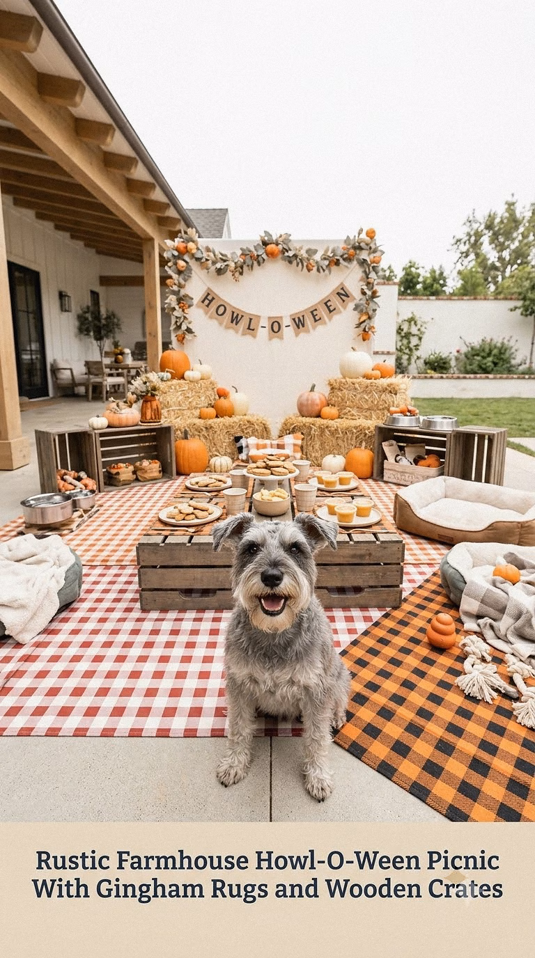 Rustic Farmhouse Howl-O-Ween Picnic With Gingham Rugs and Wooden Crates