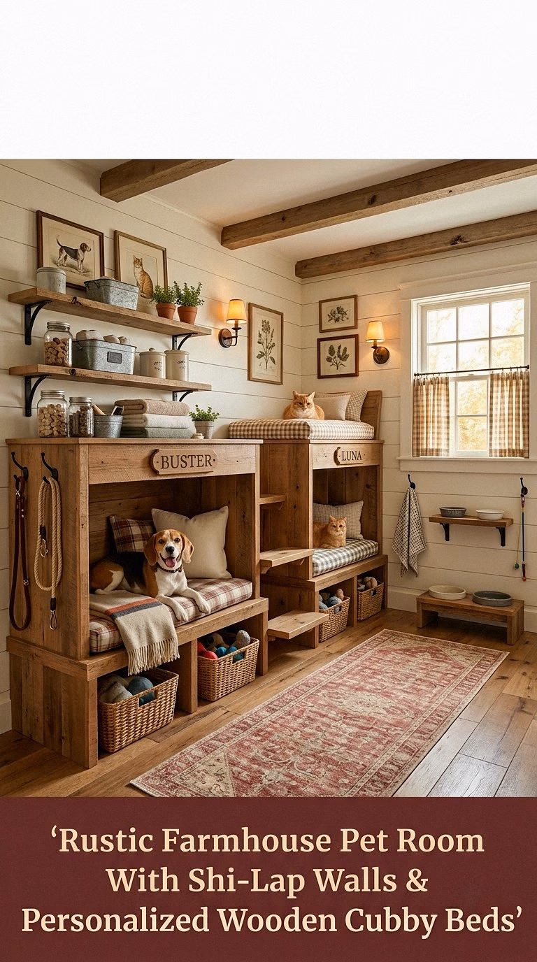 9. Rustic Farmhouse Pet Room With Shiplap Walls and Personalized Wooden Cubby Beds