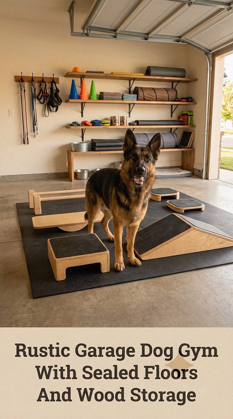 Rustic Garage Dog Gym With Sealed Floors And Wood Storage