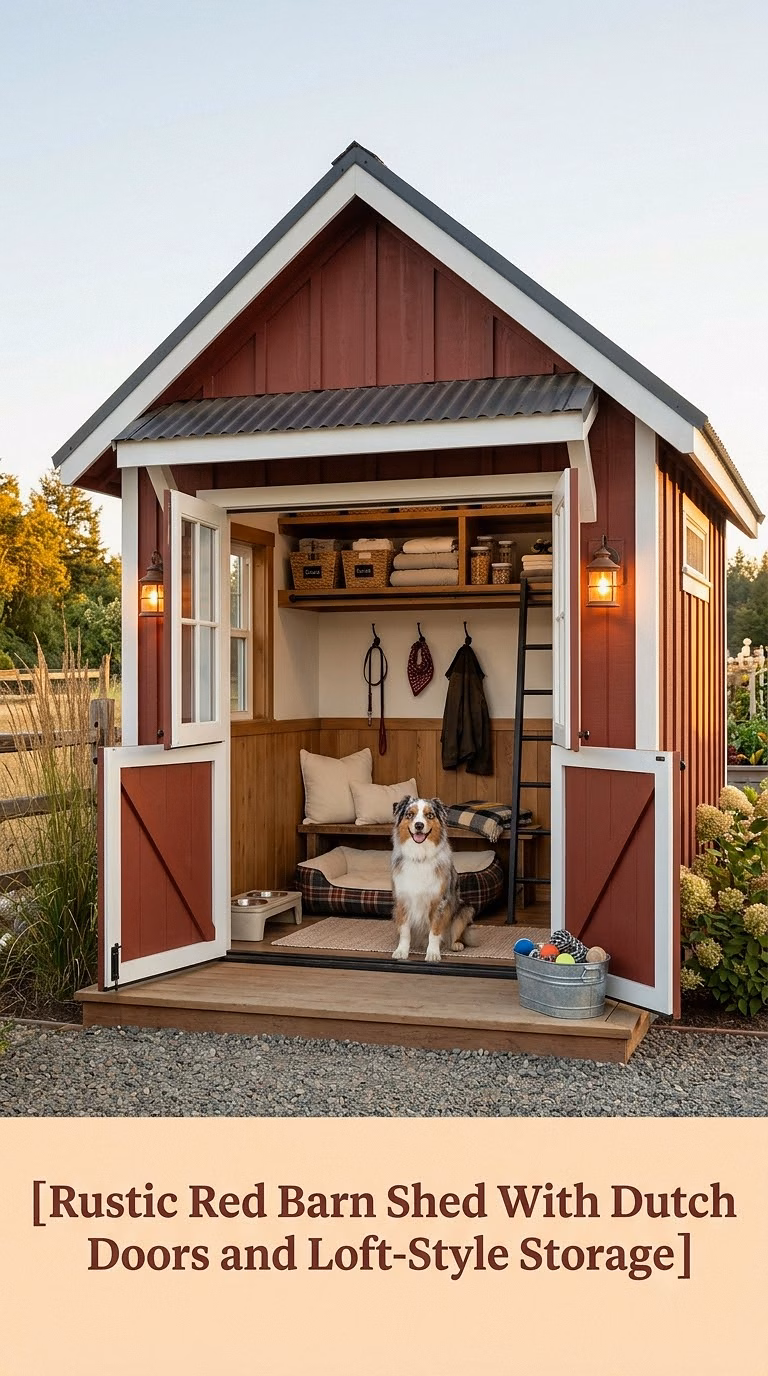 9. Rustic Red Barn Shed With Dutch Doors and Loft-Style Storage