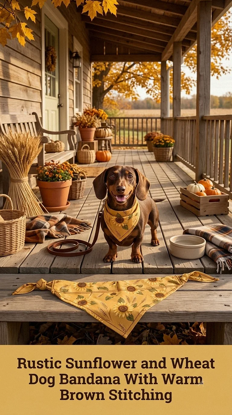 Rustic Sunflower and Wheat Dog Bandana With Warm Brown Stitching