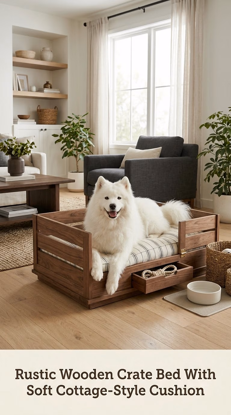 Rustic Wooden Crate Bed With Soft Cottage-Style Cushion