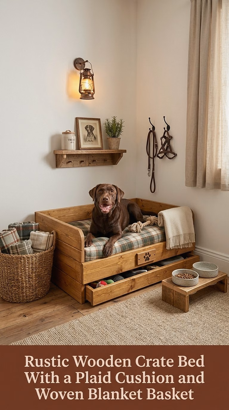 9. Rustic Wooden Crate Bed With a Plaid Cushion and Woven Blanket Basket
