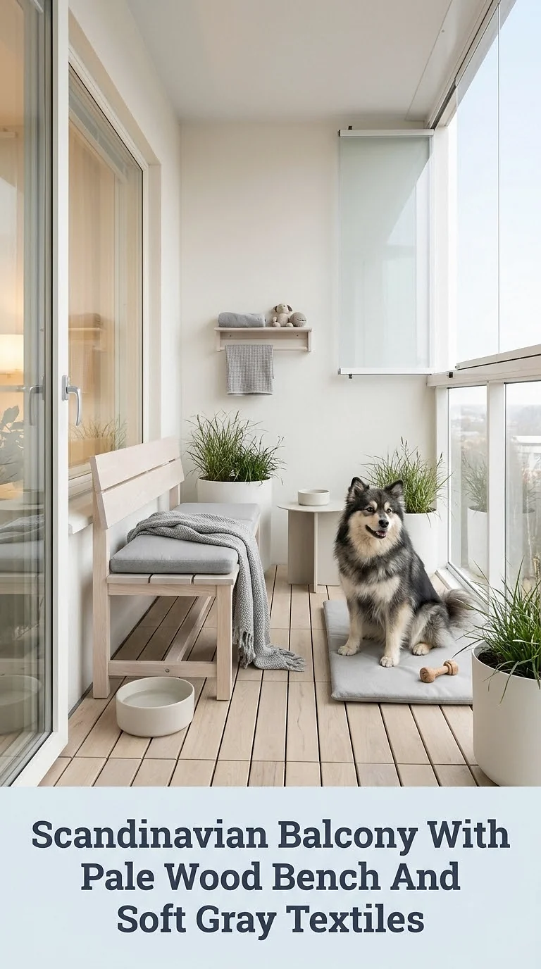 Scandinavian Balcony With Pale Wood Bench And Soft Gray Textiles