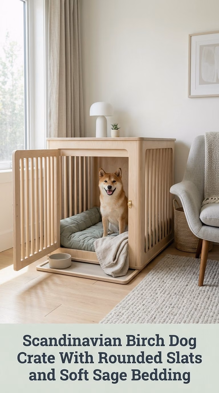 Scandinavian Birch Dog Crate With Rounded Slats and Soft Sage Bedding
