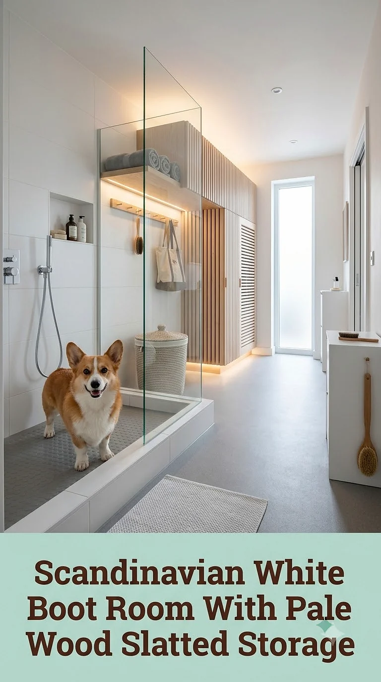 Scandinavian White Boot Room With Pale Wood Slatted Storage