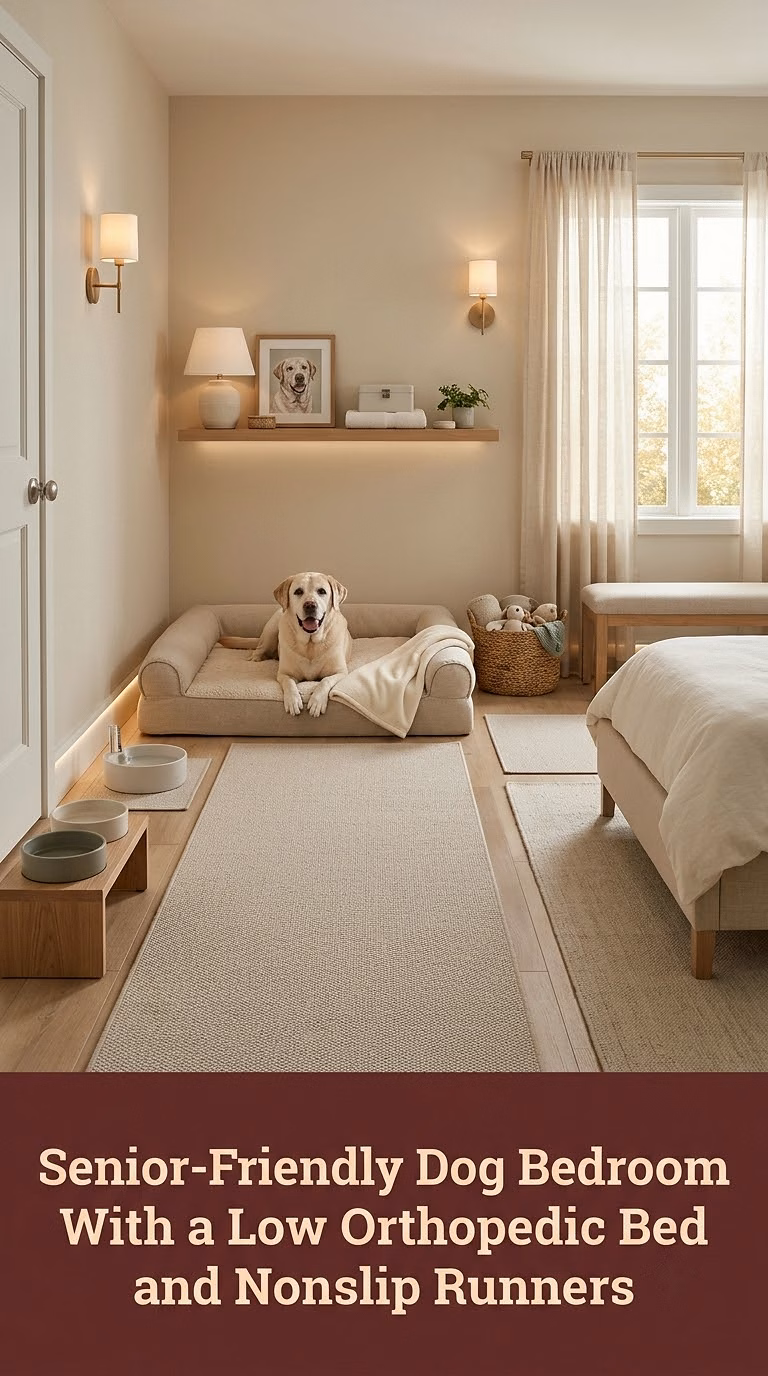 9. Senior-Friendly Dog Bedroom With a Low Orthopedic Bed and Nonslip Runners