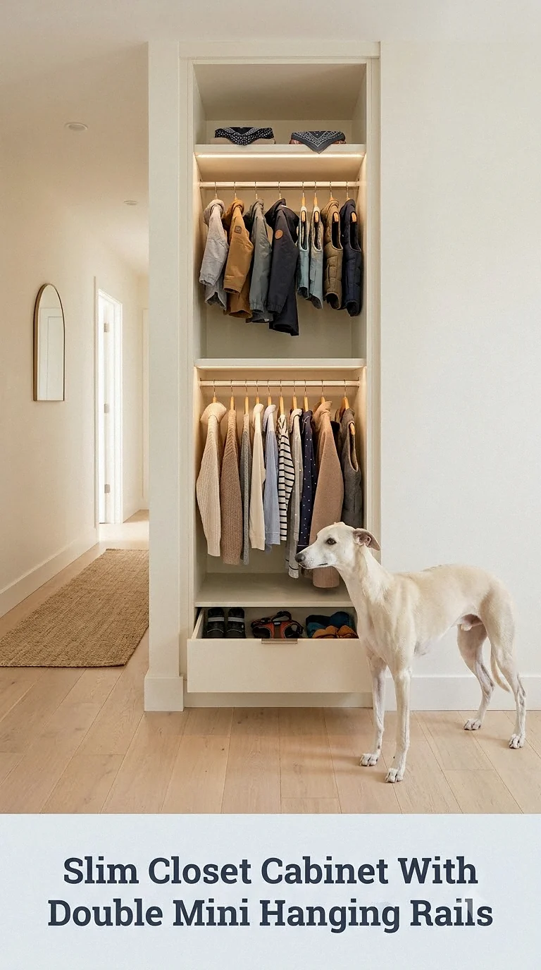 Slim Closet Cabinet With Double Mini Hanging Rails