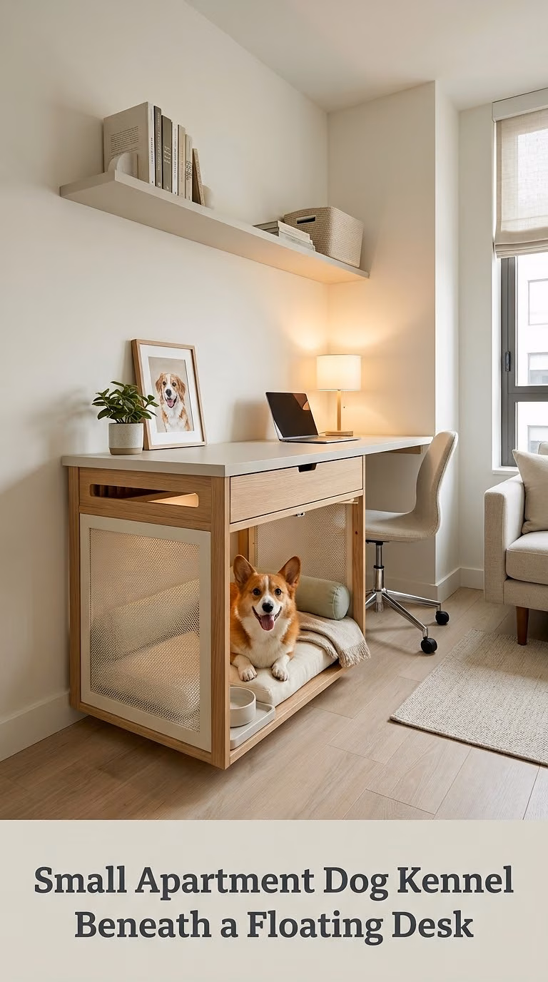 Small Apartment Dog Kennel Beneath a Floating Desk