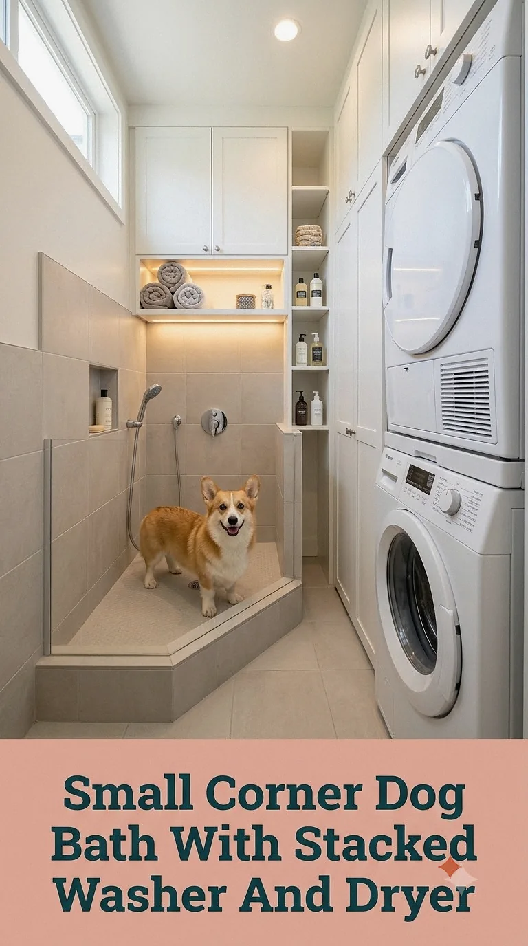 Small Corner Dog Bath With Stacked Washer And Dryer