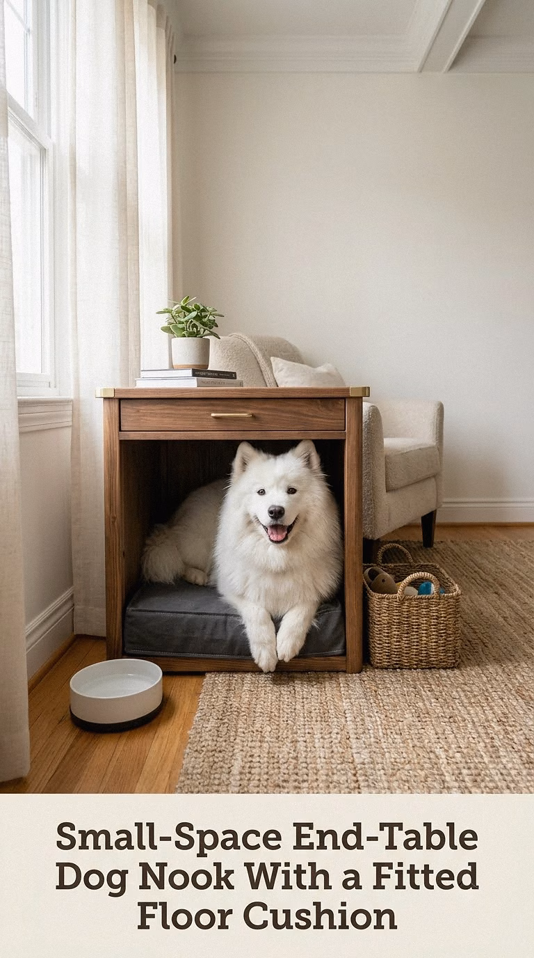 Small-Space End-Table Dog Nook With a Fitted Floor Cushion
