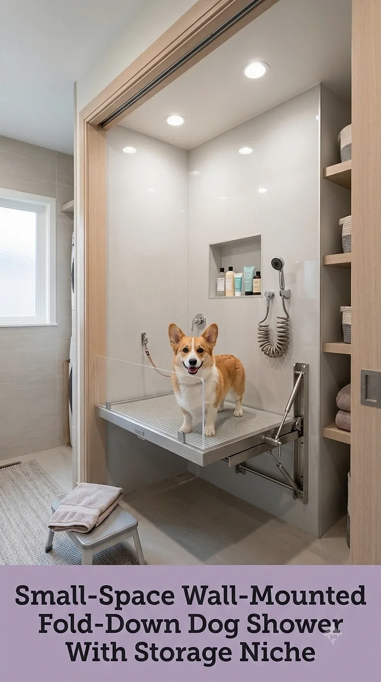 Small-Space Wall-Mounted Fold-Down Dog Shower With Storage Niche