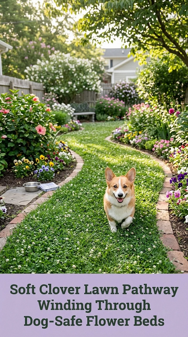 Soft Clover Lawn Pathway Winding Through Dog-Safe Flower Beds