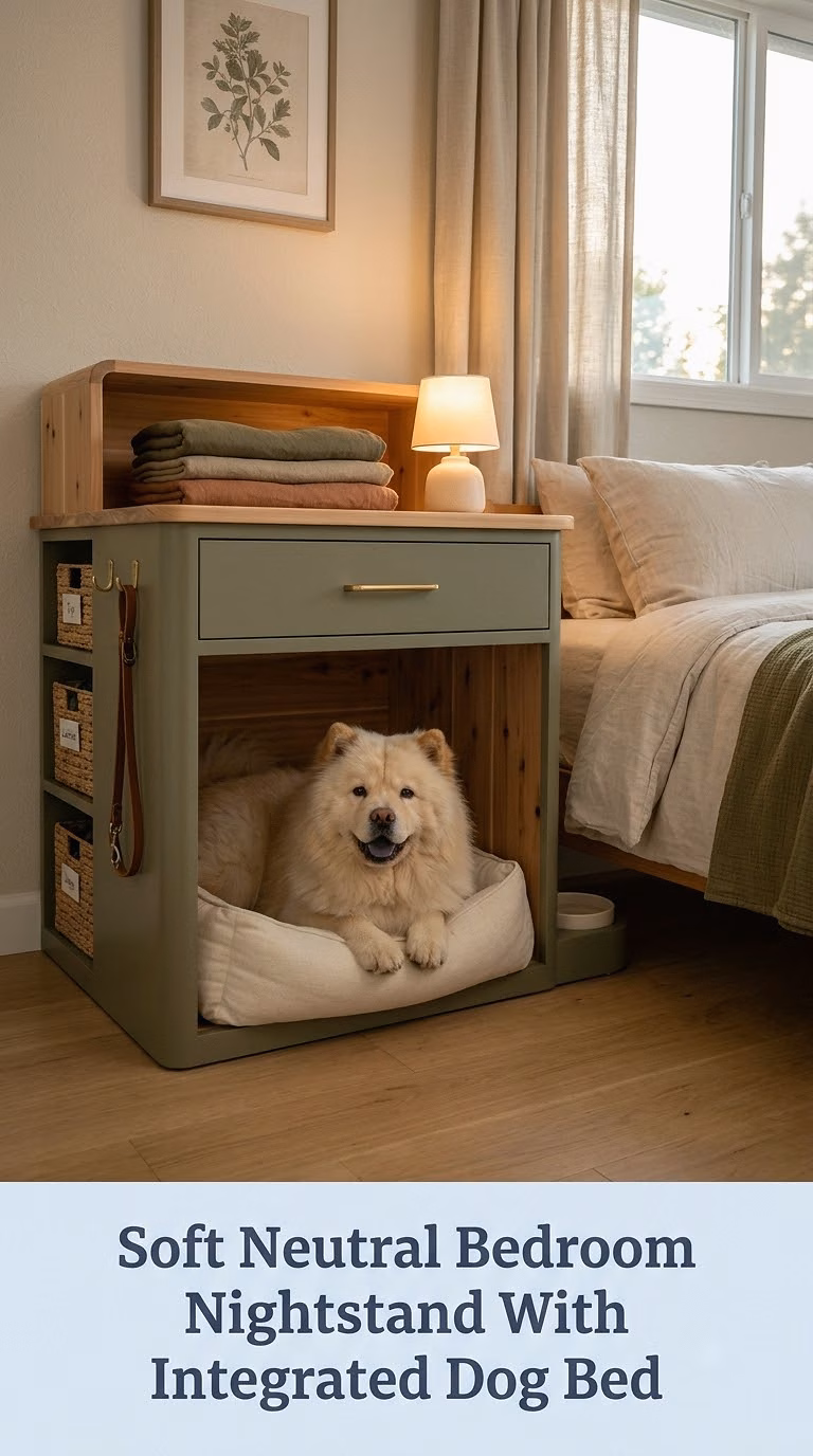 Soft Neutral Bedroom Nightstand With Integrated Dog Bed