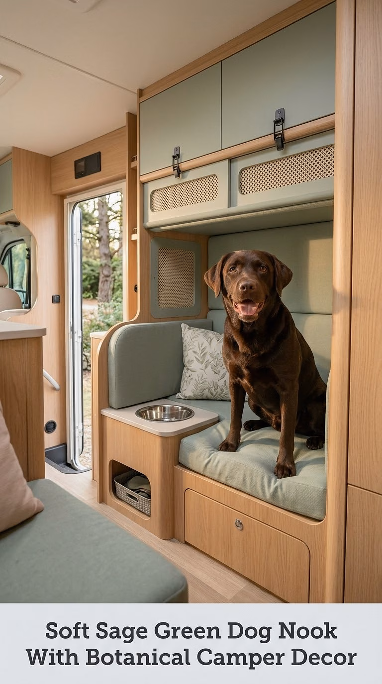 Soft Sage Green Dog Nook With Botanical Camper Decor