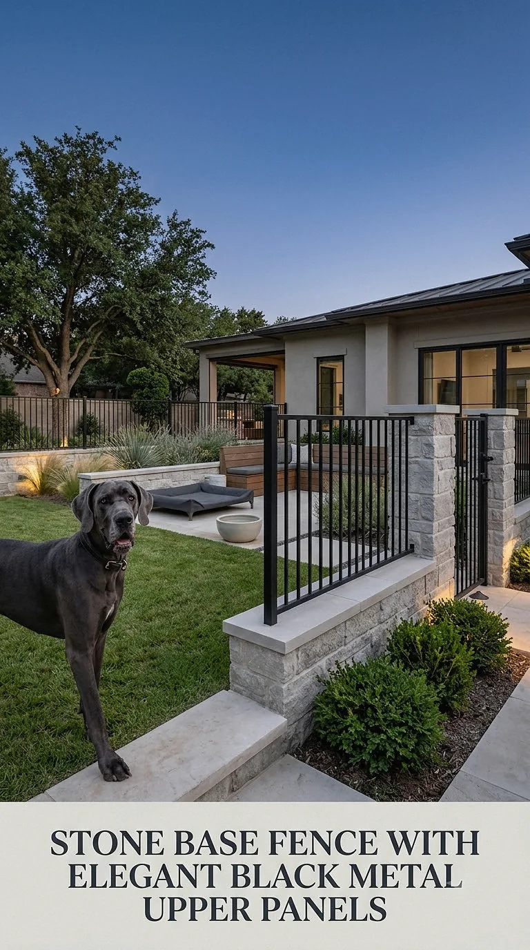 Stone Base Fence With Elegant Black Metal Upper Panels