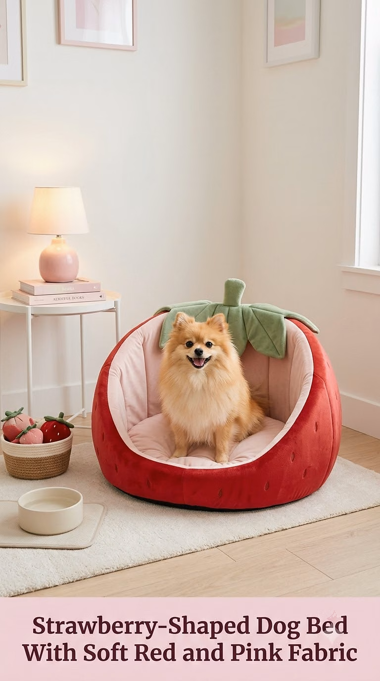 Strawberry-Shaped Dog Bed With Soft Red and Pink Fabric