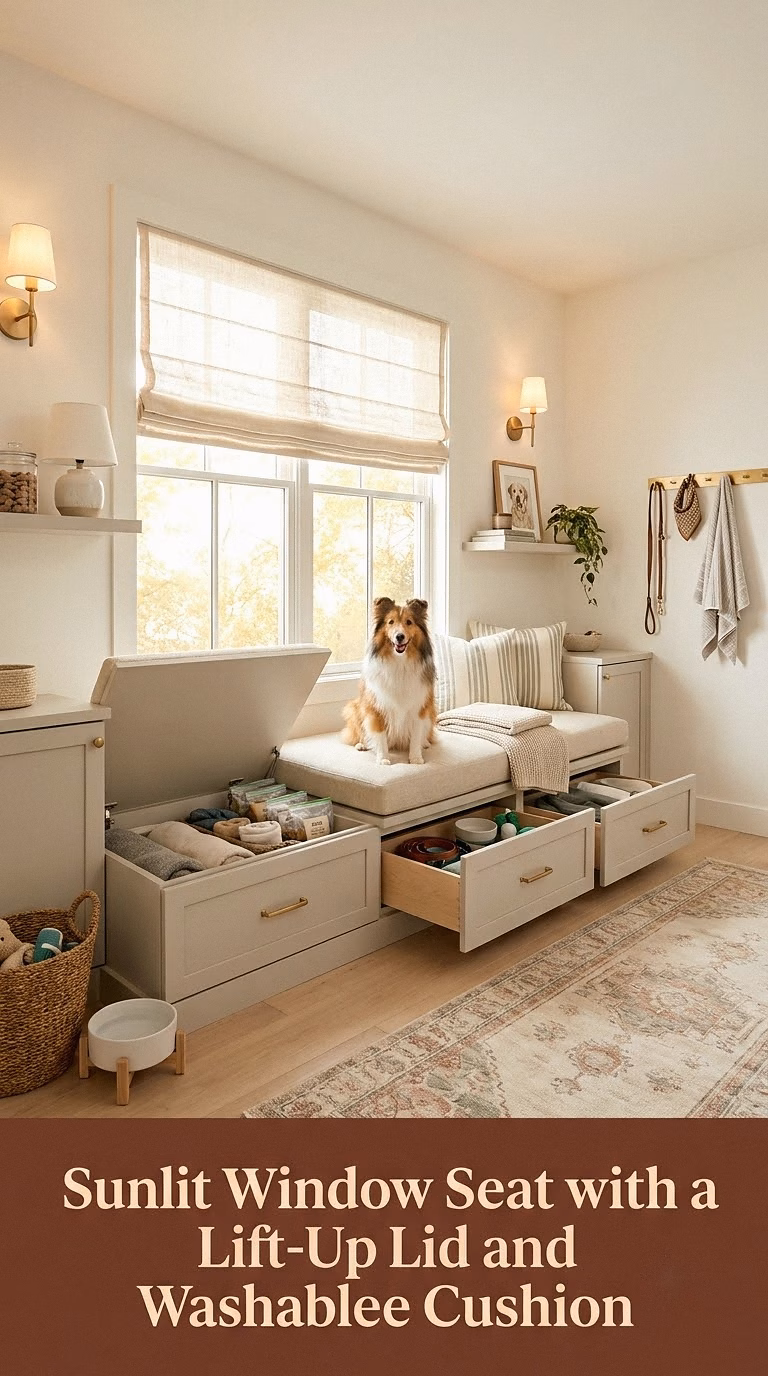 Sunlit Window Seat with a Lift-Up Lid and Washable Cushion