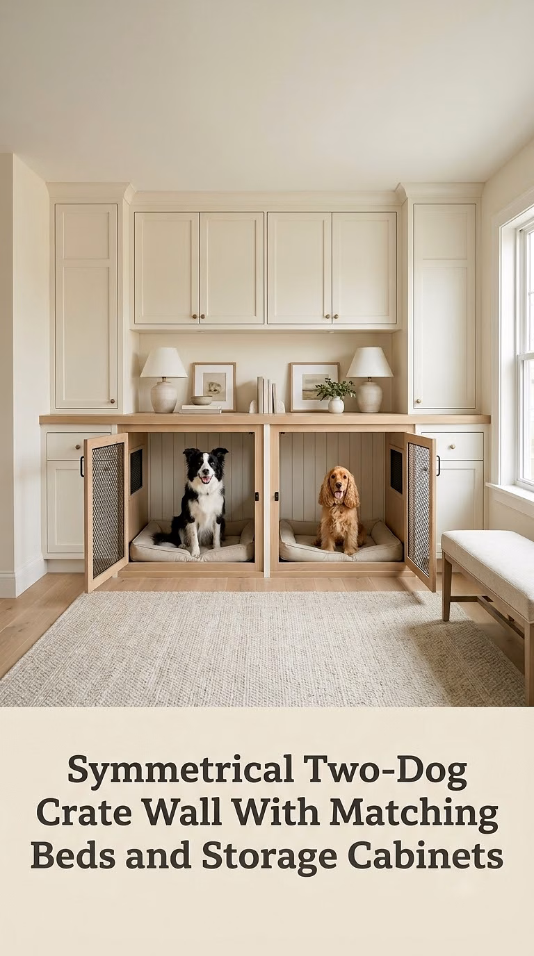 Symmetrical Two-Dog Crate Wall With Matching Beds and Storage Cabinets
