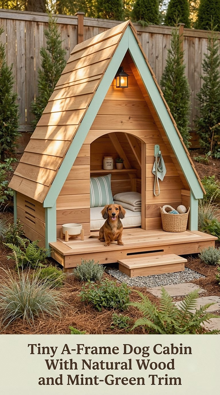9. Tiny A-Frame Dog Cabin With Natural Wood and Mint-Green Trim