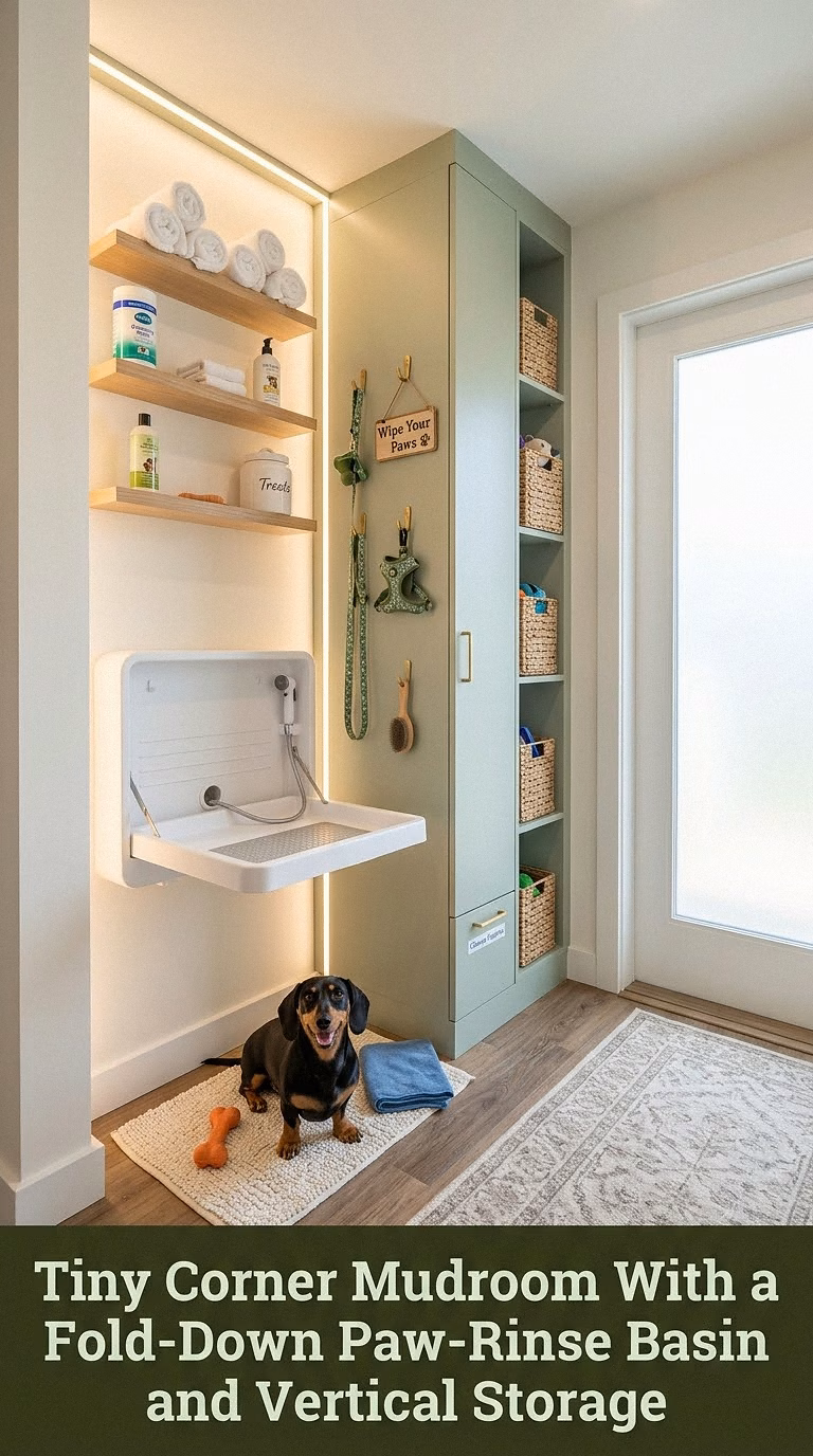 Tiny Corner Mudroom With a Fold-Down Paw-Rinse Basin and Vertical Storage