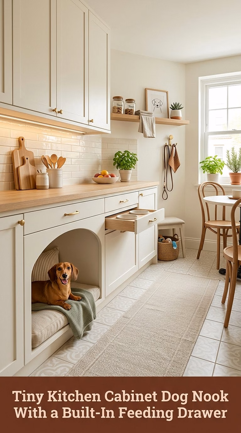 9. Tiny Kitchen Cabinet Dog Nook With a Built-In Feeding Drawer