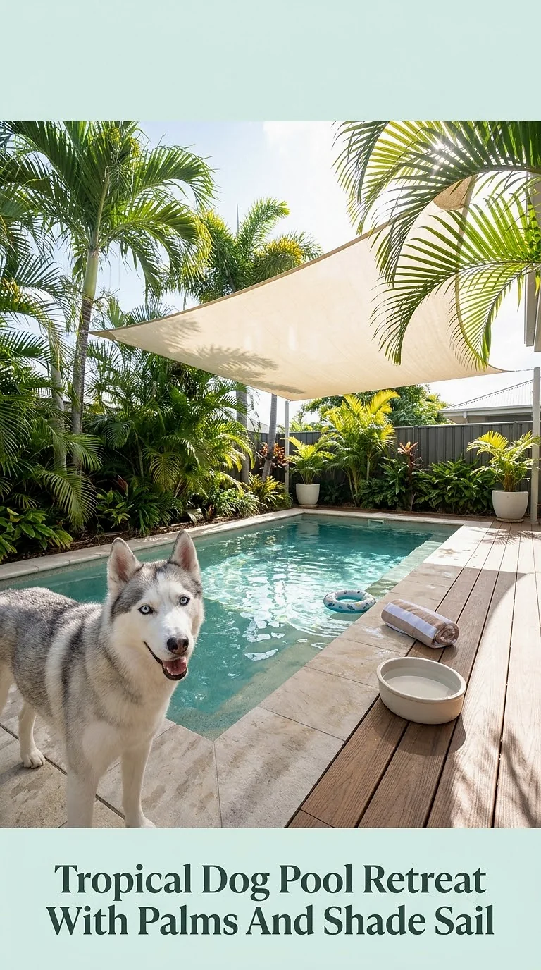 Tropical Dog Pool Retreat With Palms And Shade Sail