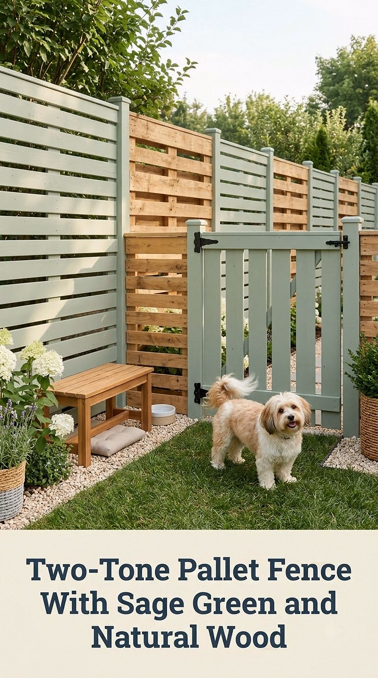 Two-Tone Pallet Fence With Sage Green and Natural Wood