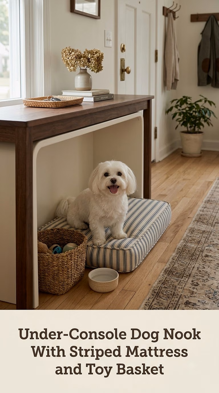 Under-Console Dog Nook With Striped Mattress and Toy Basket