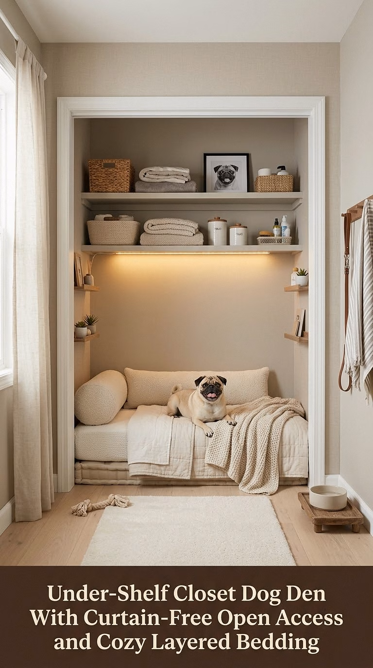 9. Under-Shelf Closet Dog Den With Curtain-Free Open Access and Cozy Layered Bedding