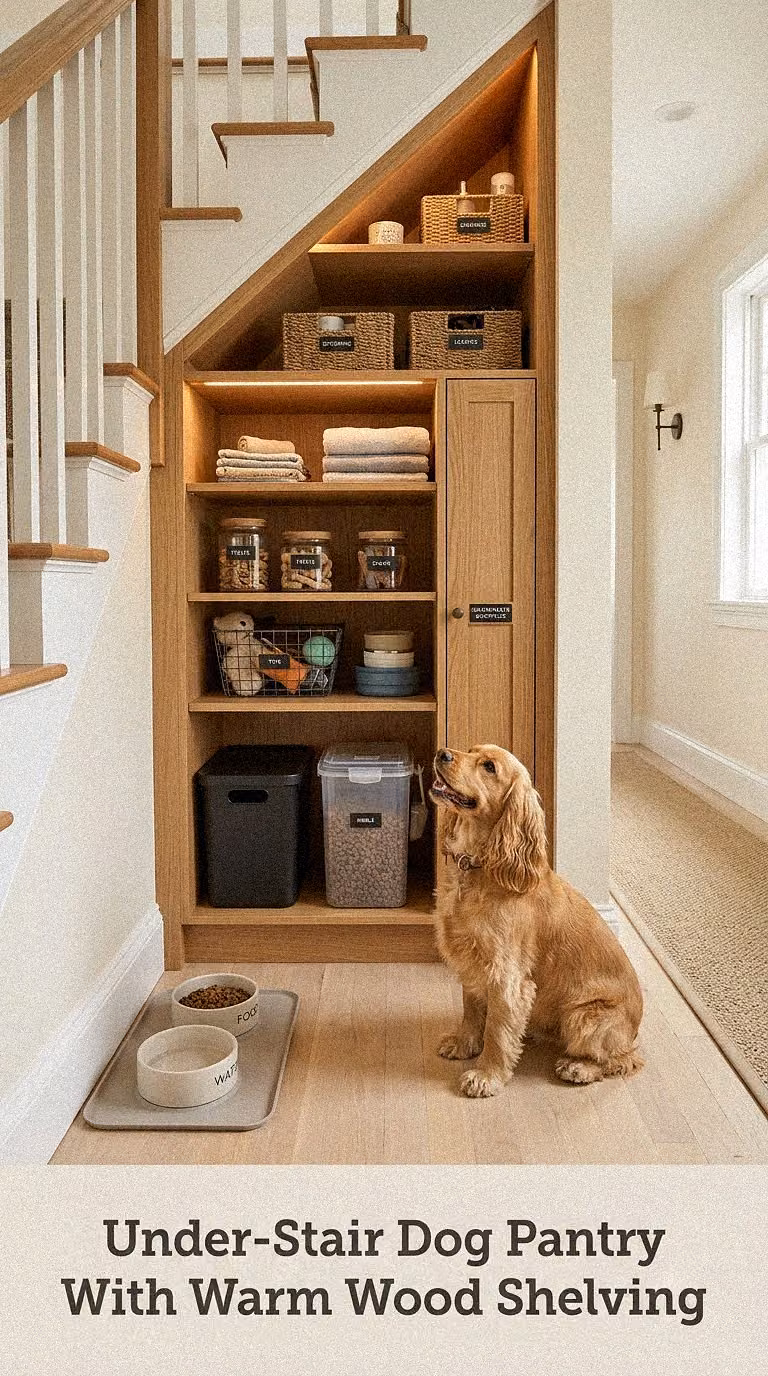 Under-Stair Dog Pantry With Warm Wood Shelving
