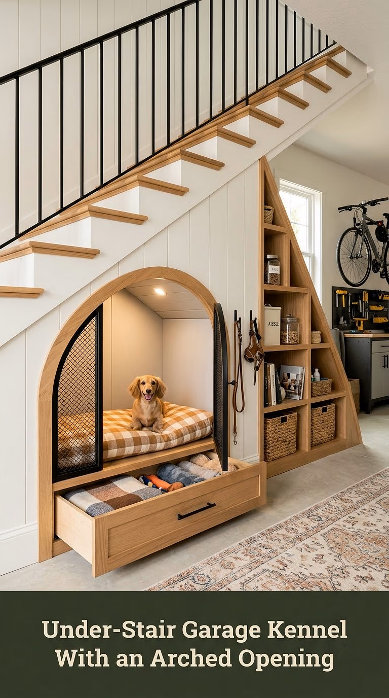 Under-Stair Garage Kennel With an Arched Opening