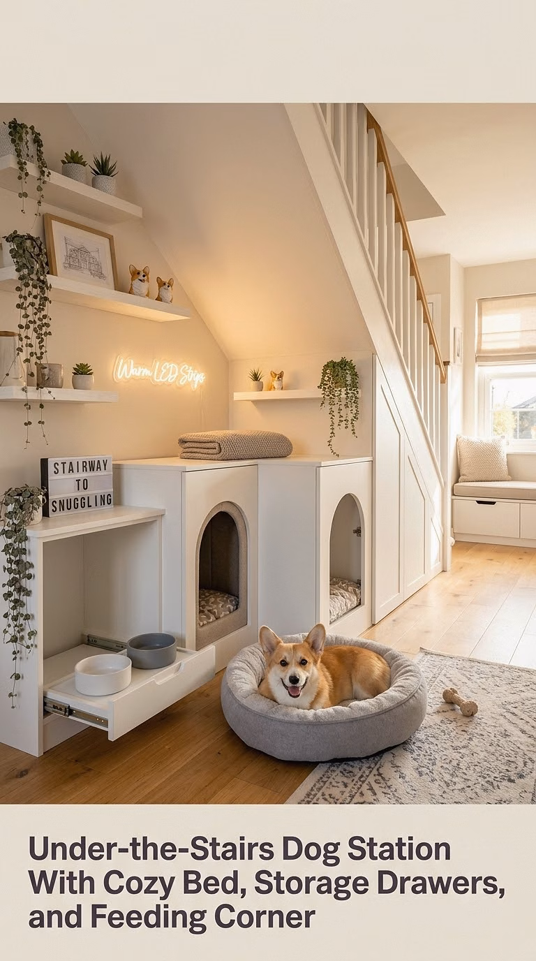 9. Under-the-Stairs Dog Station With Cozy Bed, Storage Drawers, and Feeding Corner