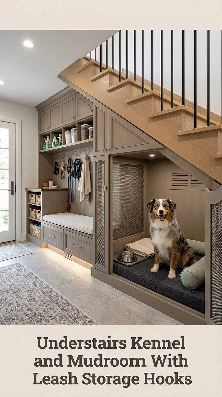Understairs Kennel and Mudroom With Leash Storage Hooks