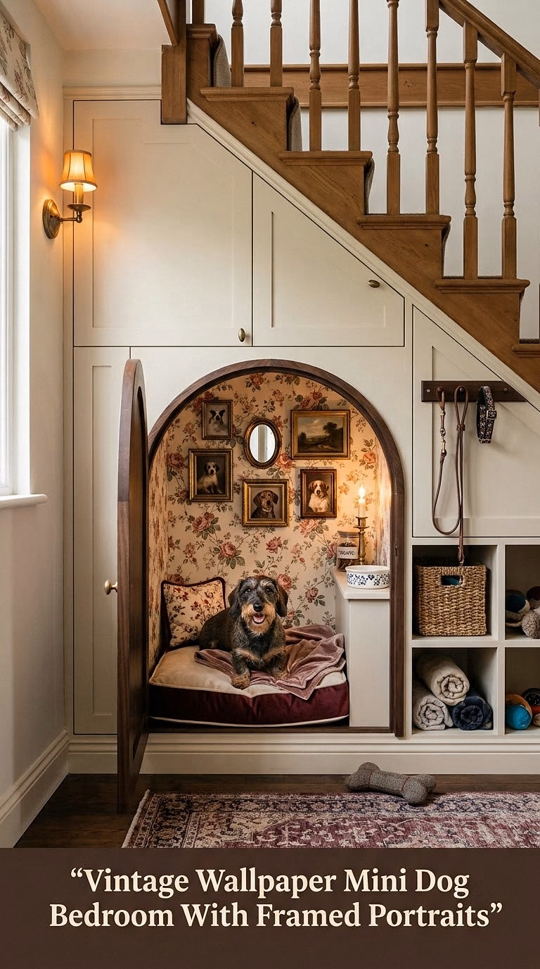 9. Vintage Wallpaper Mini Dog Bedroom With Framed Portraits