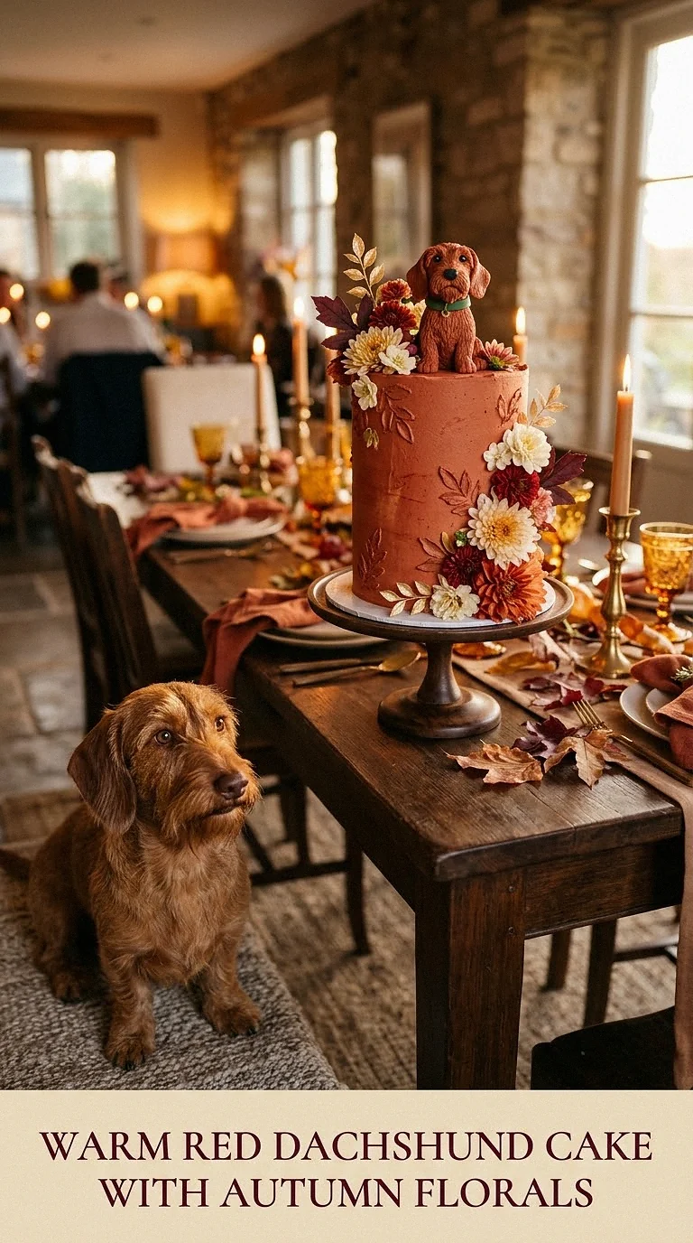 Warm Red Dachshund Cake With Autumn Florals
