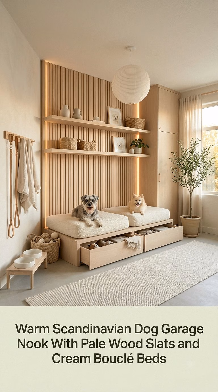 9. Warm Scandinavian Dog Garage Nook With Pale Wood Slats and Cream Bouclé Beds