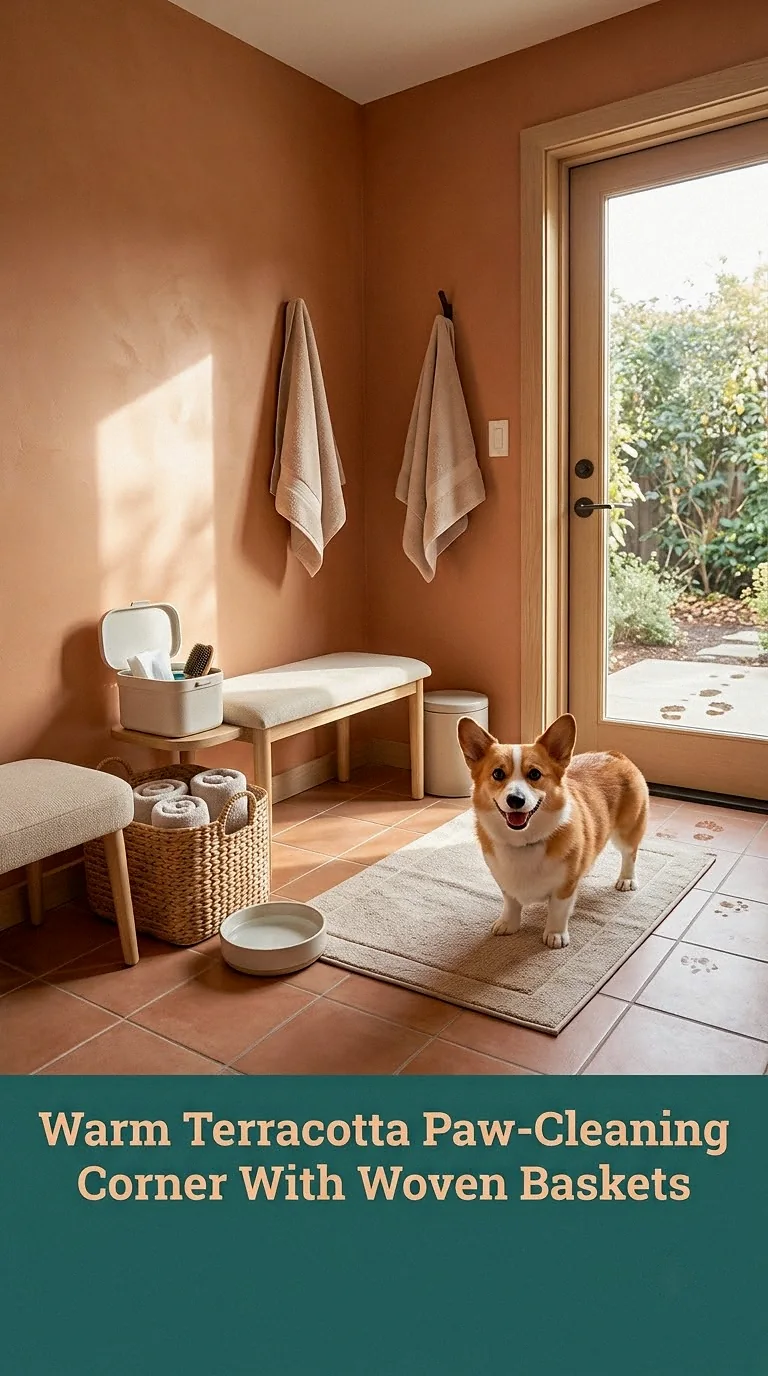 Warm Terracotta Paw-Cleaning Corner With Woven Baskets