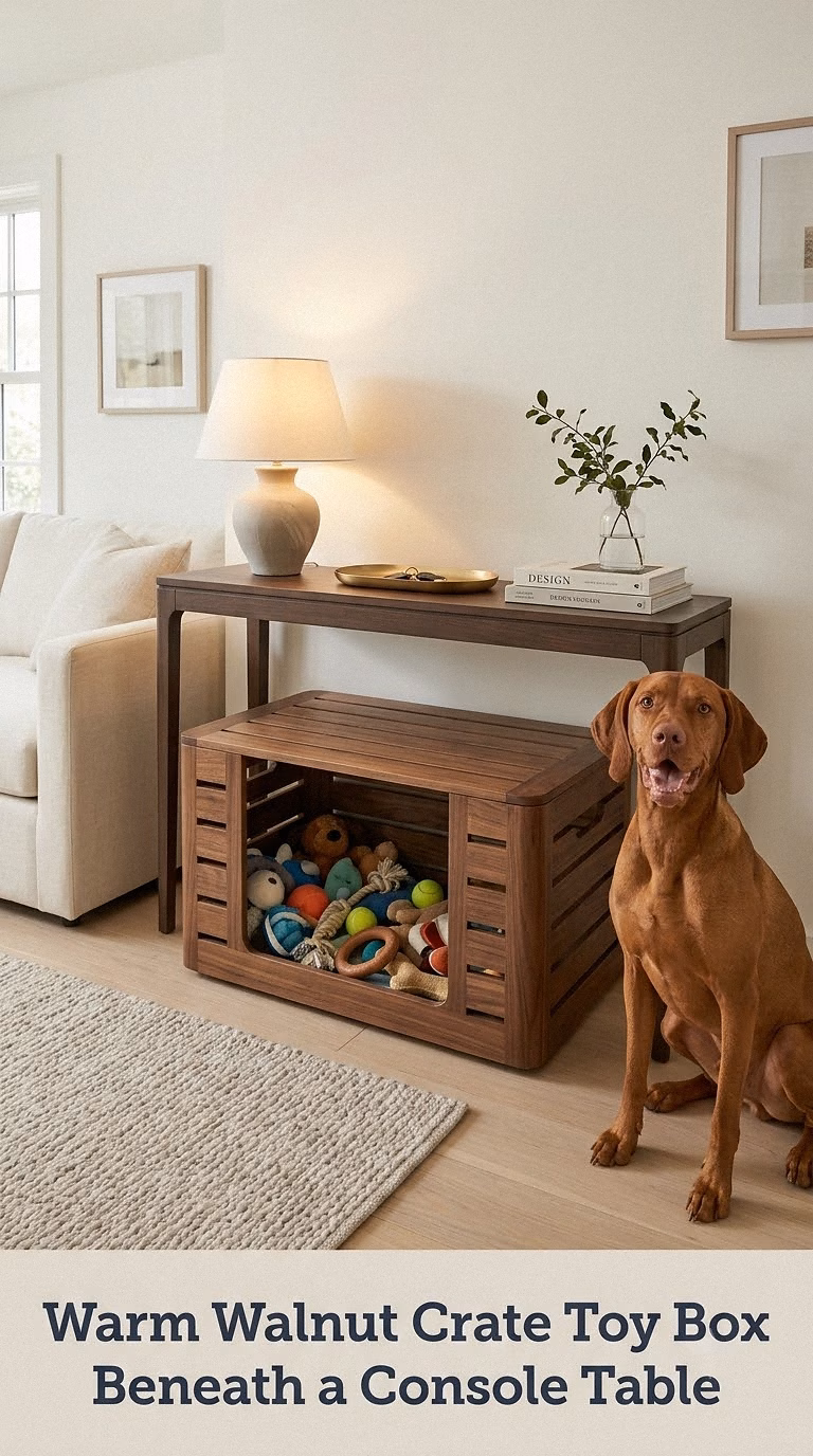 Warm Walnut Crate Toy Box Beneath a Console Table