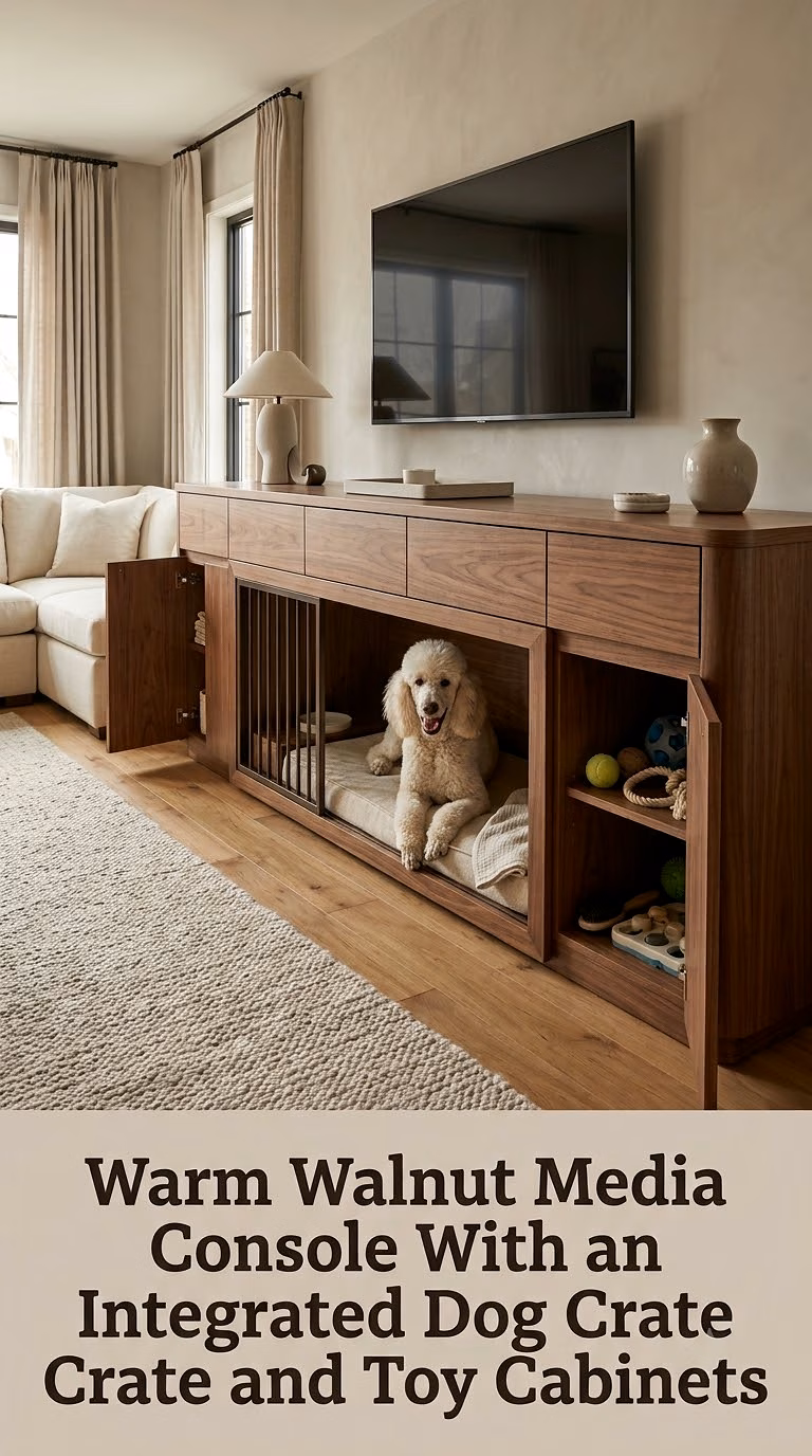 Warm Walnut Media Console With an Integrated Dog Crate and Toy Cabinets