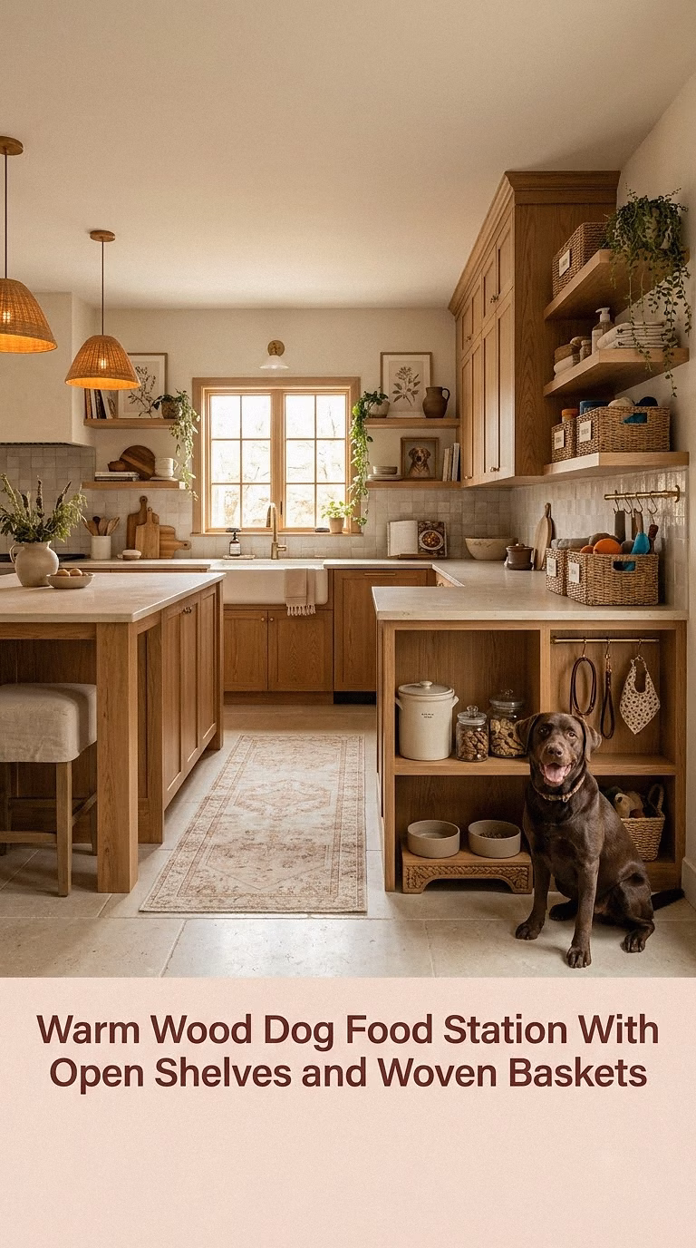 9. Warm Wood Dog Food Station With Open Shelves and Woven Baskets