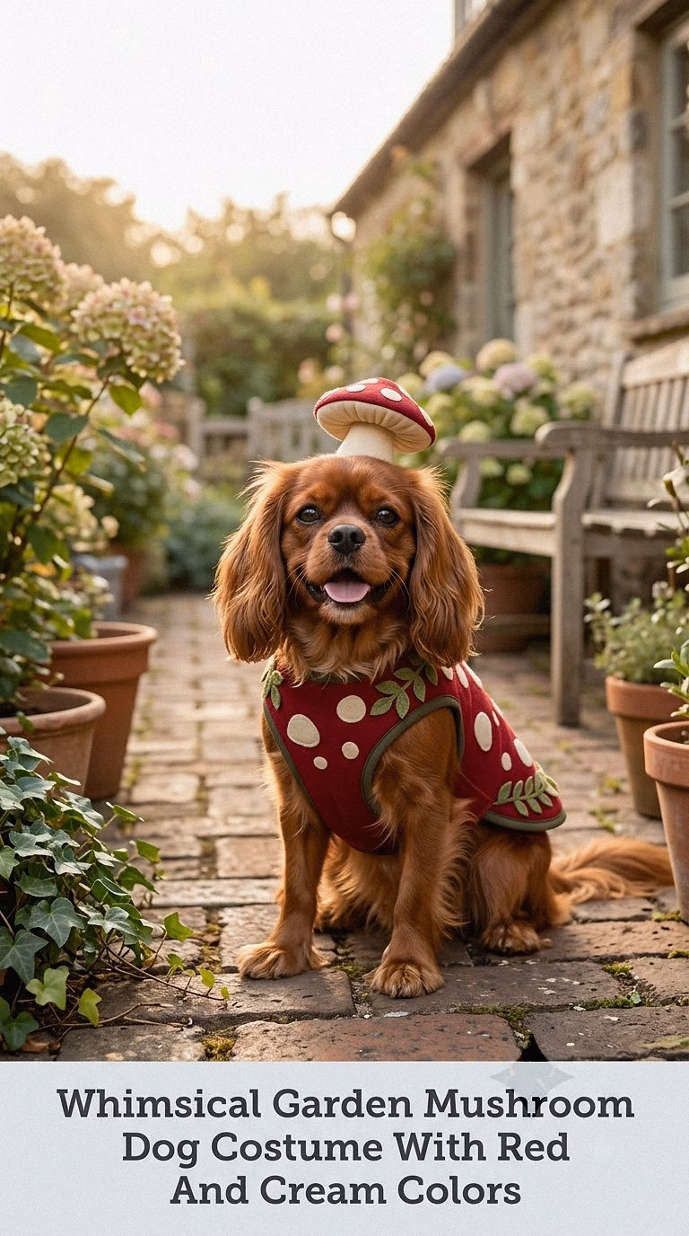 Whimsical Garden Mushroom Dog Costume With Red And Cream Colors