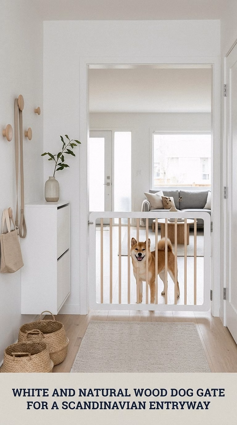 White And Natural Wood Dog Gate For A Scandinavian Entryway